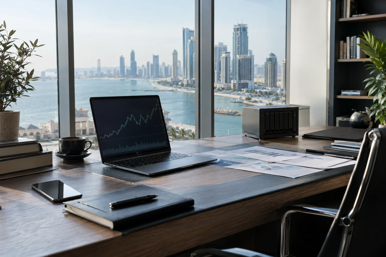 Technology research desk with an active market-analysis screen