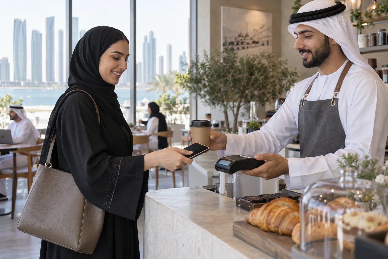 زبونة إماراتية متخيّلة تدفع بالهاتف دون تلامس في مقهى مستوحى من أبوظبي