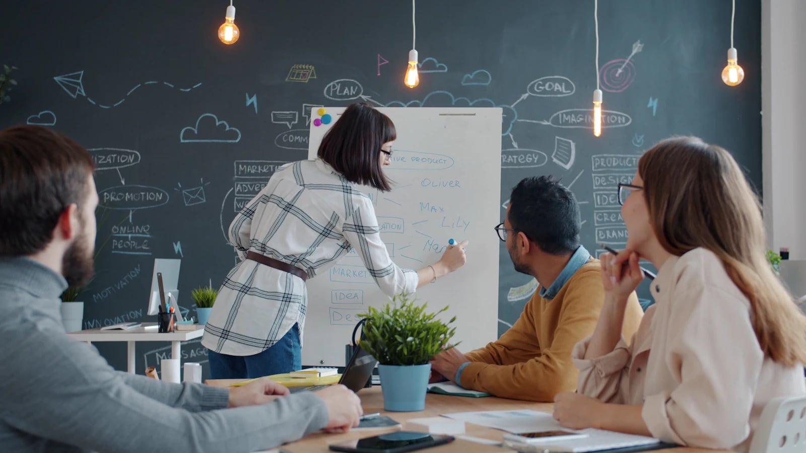 A team discussing a business plan