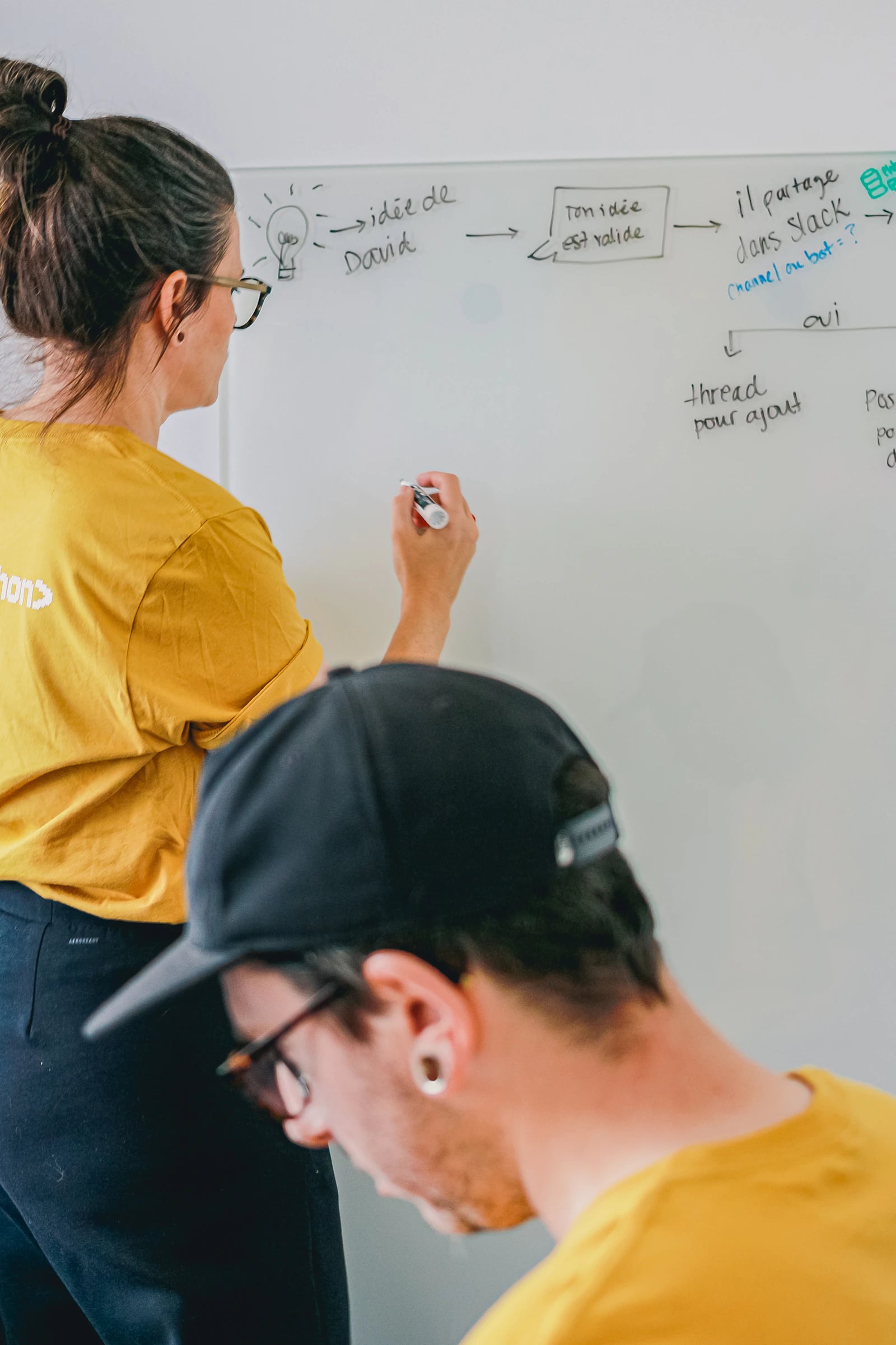 Colleagues discussing notes on a whiteboard