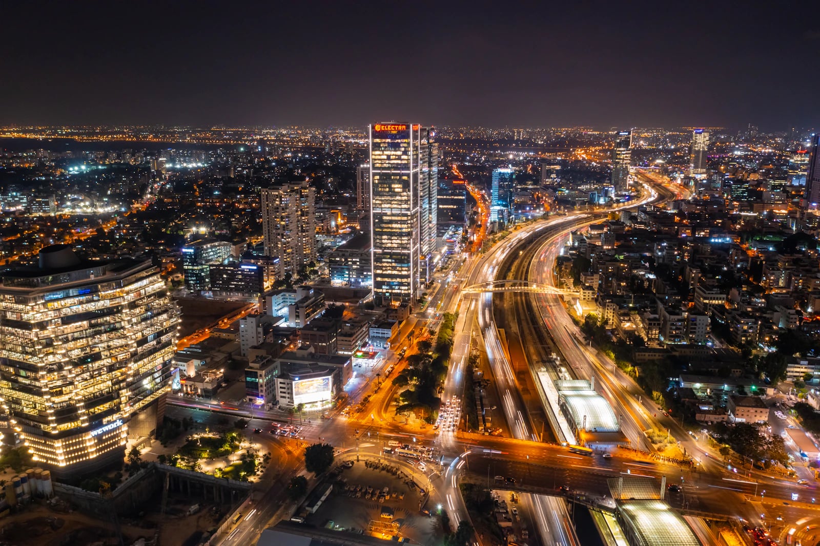 Tel Aviv towers and roads at night