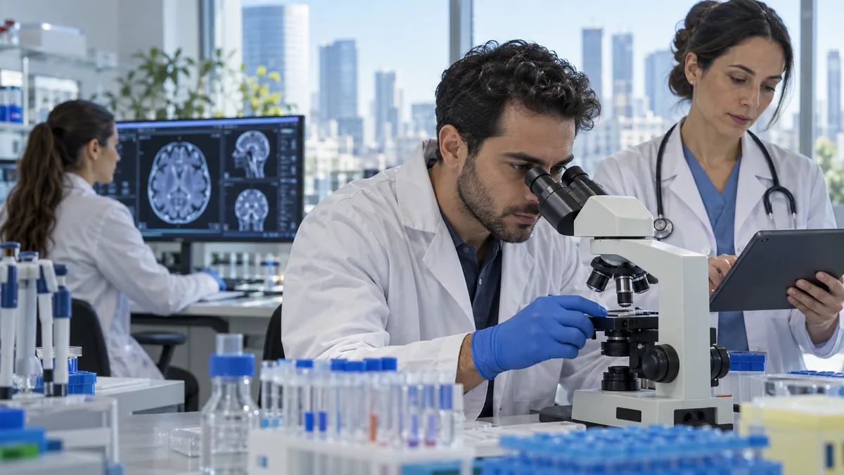 Fictional medical researchers working with laboratory and imaging tools