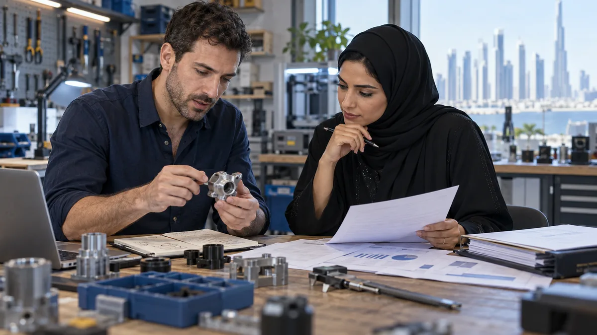 Fictional Israeli entrepreneur and Emirati analyst examining a prototype and business documents
