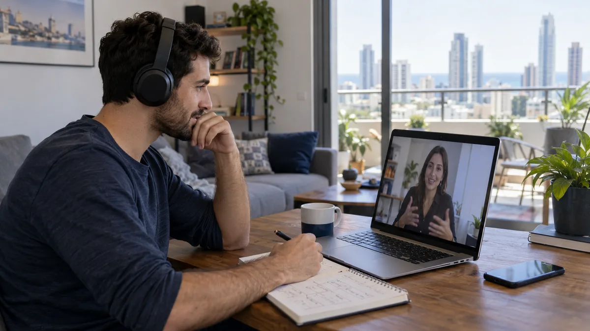 Fictional software engineer working from home on a video call