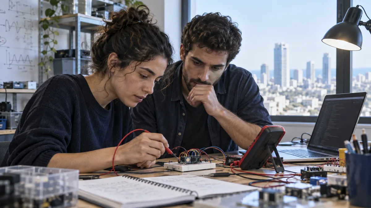 Fictional engineers testing an early electronics prototype