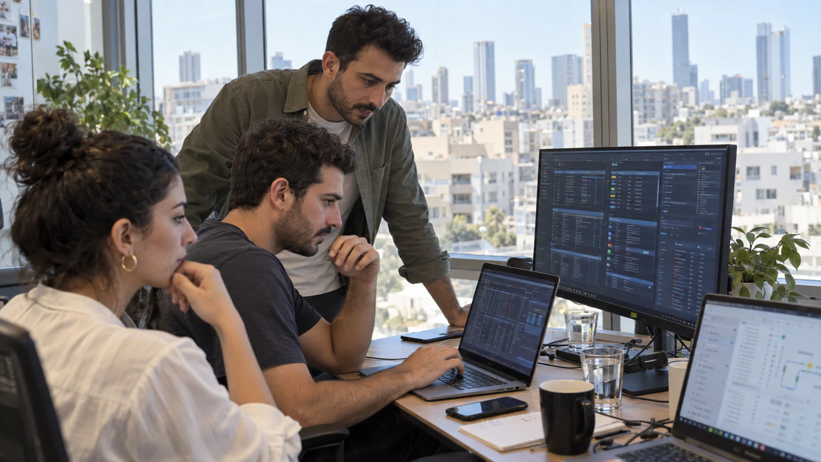 A diverse fintech team reviews an active capital-markets workflow in a Tel Aviv office