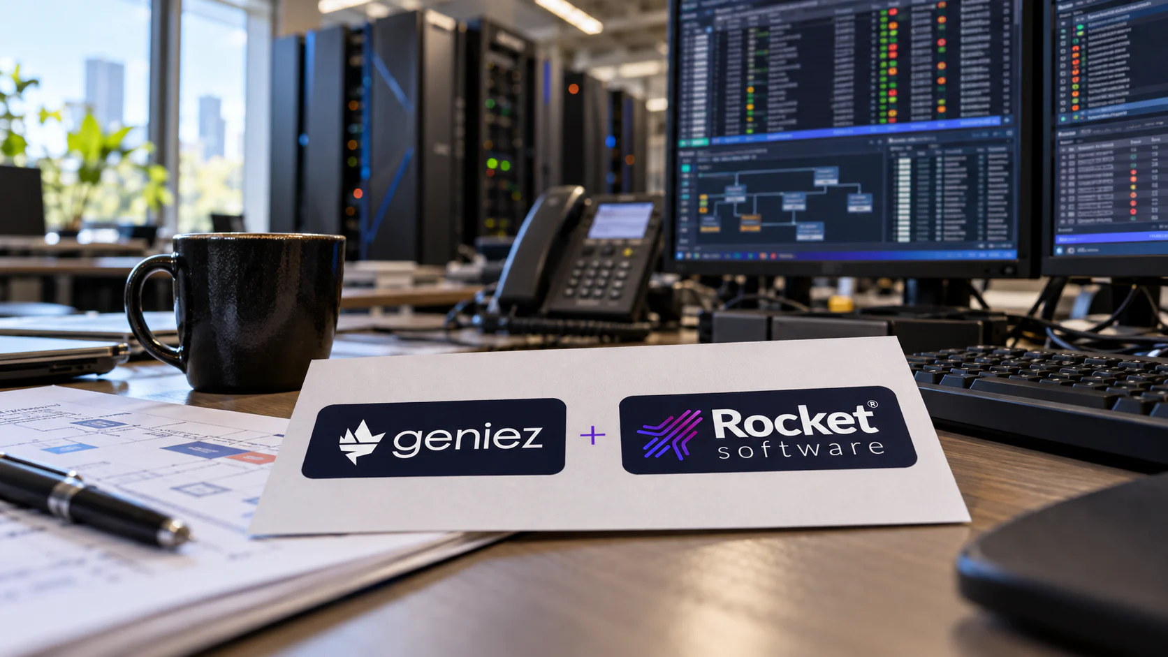 A mainframe operations desk with the official Geniez AI and Rocket Software acquisition identity