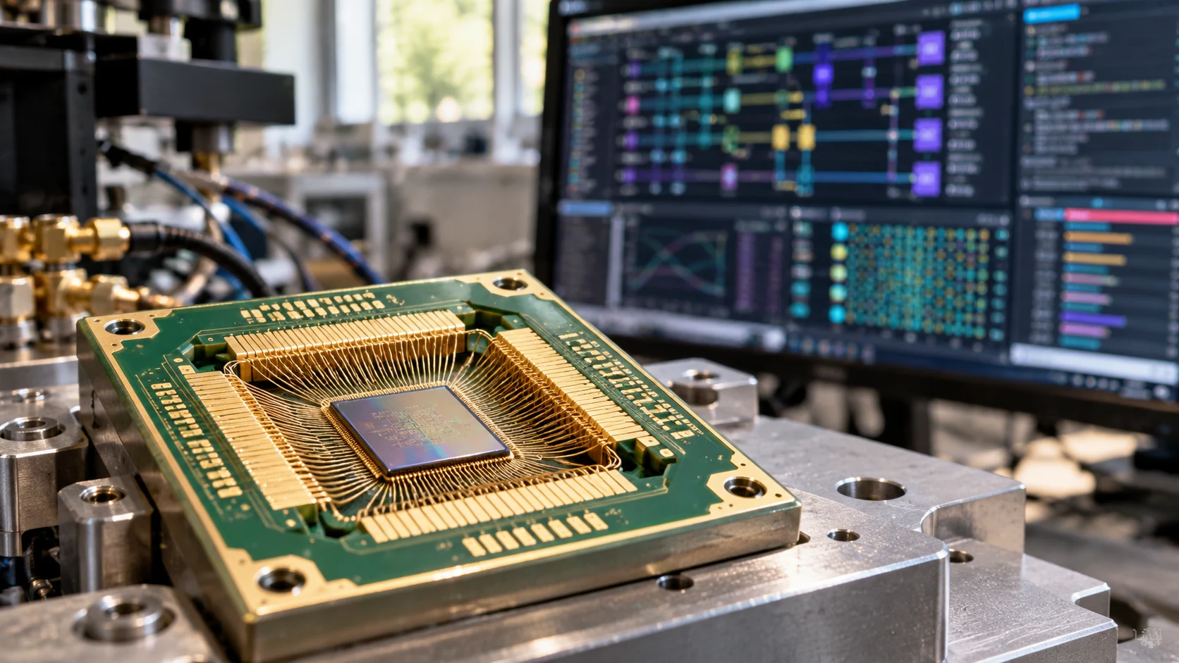 A silicon spin-qubit research package beside an active quantum-software workstation