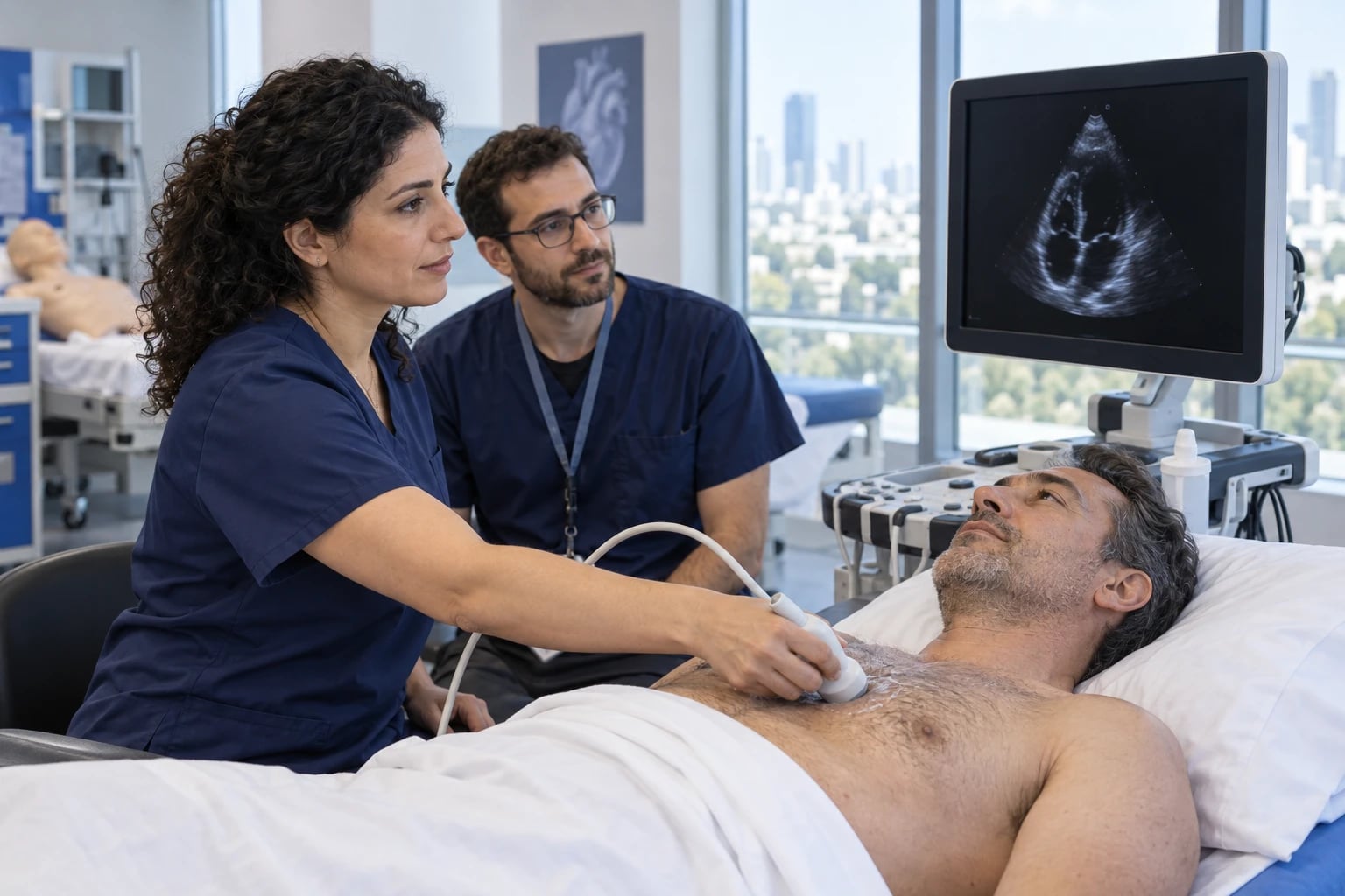 AI illustration of fictional clinicians demonstrating cardiac ultrasound in an Israeli clinical training setting