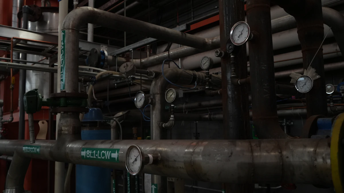 Pipes and pressure gauges in a research facility