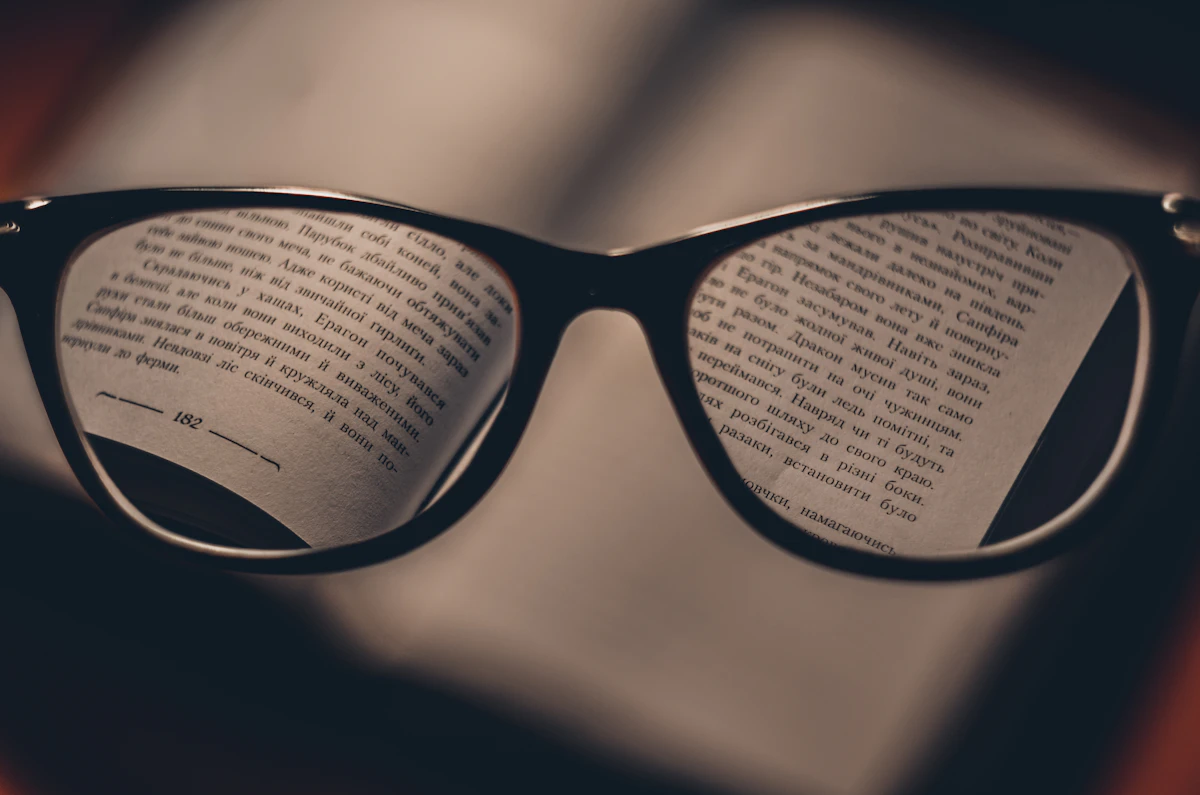Printed text seen through reading glasses