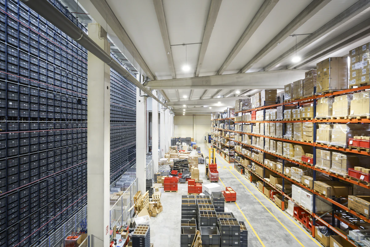 Boxes and pallets inside a warehouse