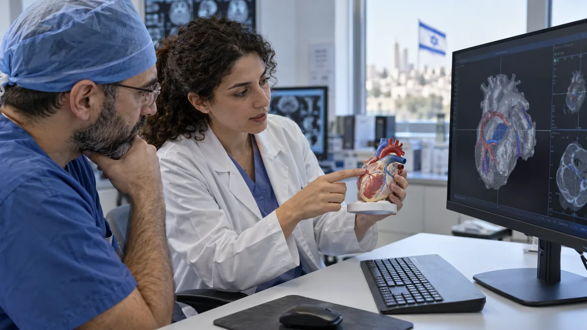 Fictional clinicians discussing a heart teaching model and 3D display