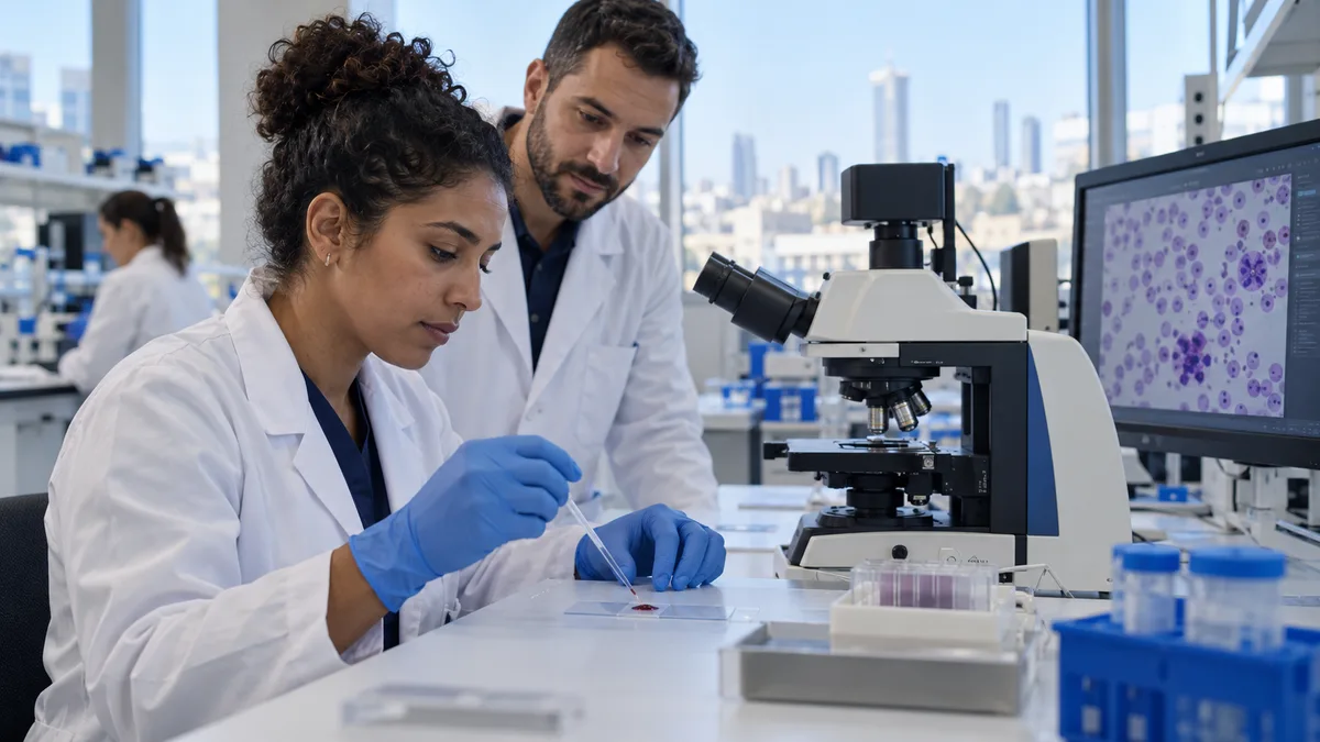 Fictional laboratory technicians preparing blood slides for imaging