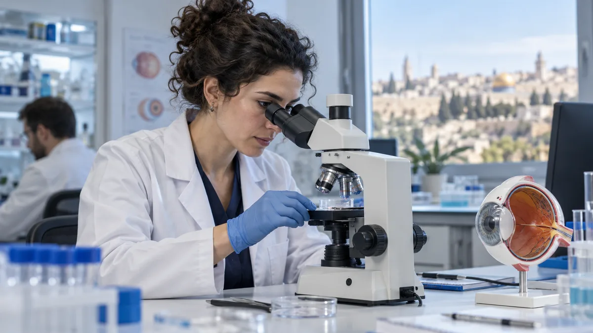 Fictional researcher using a microscope beside an eye teaching model