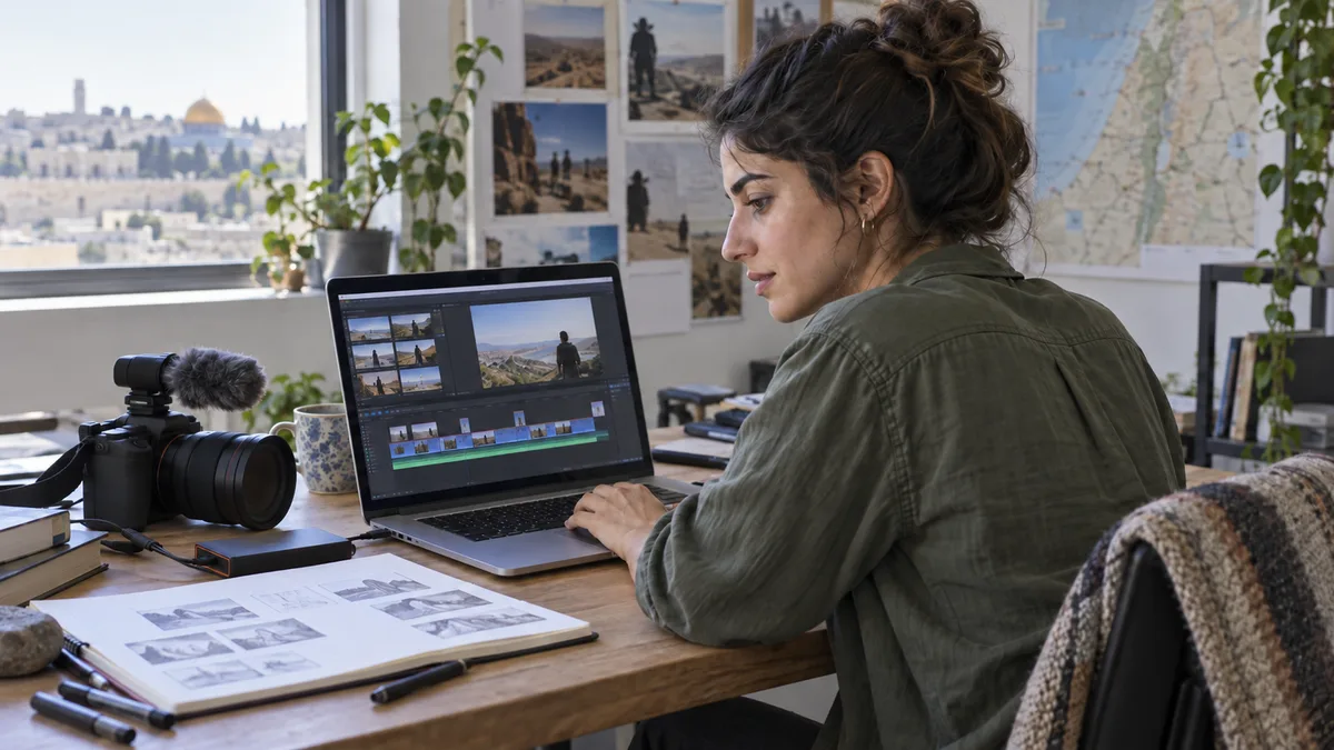 Fictional video creator editing footage with an abstract unbranded interface