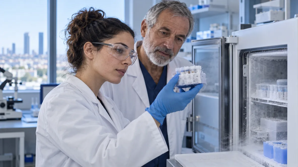 Fictional researchers examining cooled laboratory samples