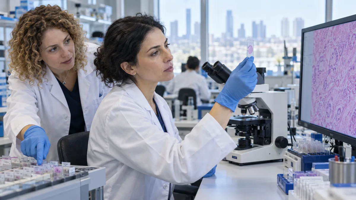 Fictional pathologists examining a tissue slide and digital image