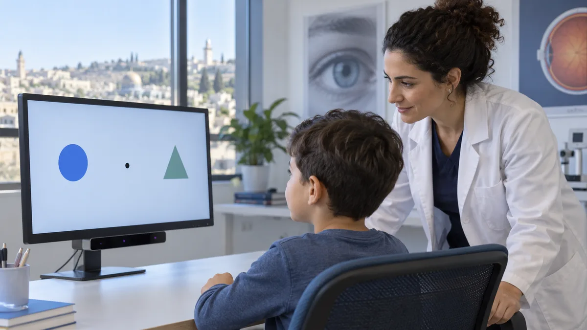 Fictional child and eye-care professional in an eye-tracking research session