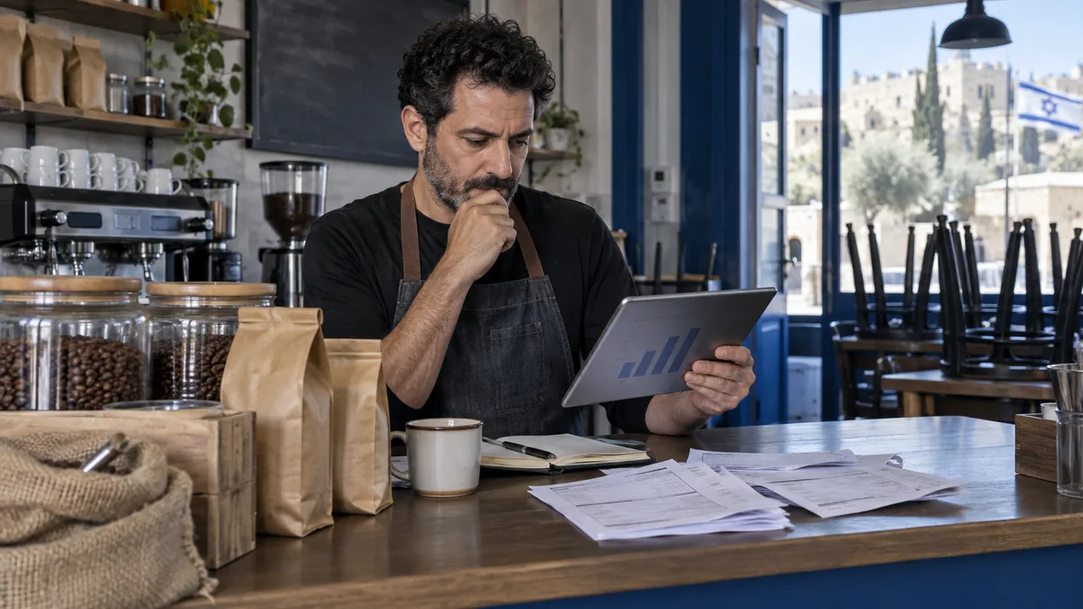 Fictional cafe owner reviewing supplier invoices and business cash flow