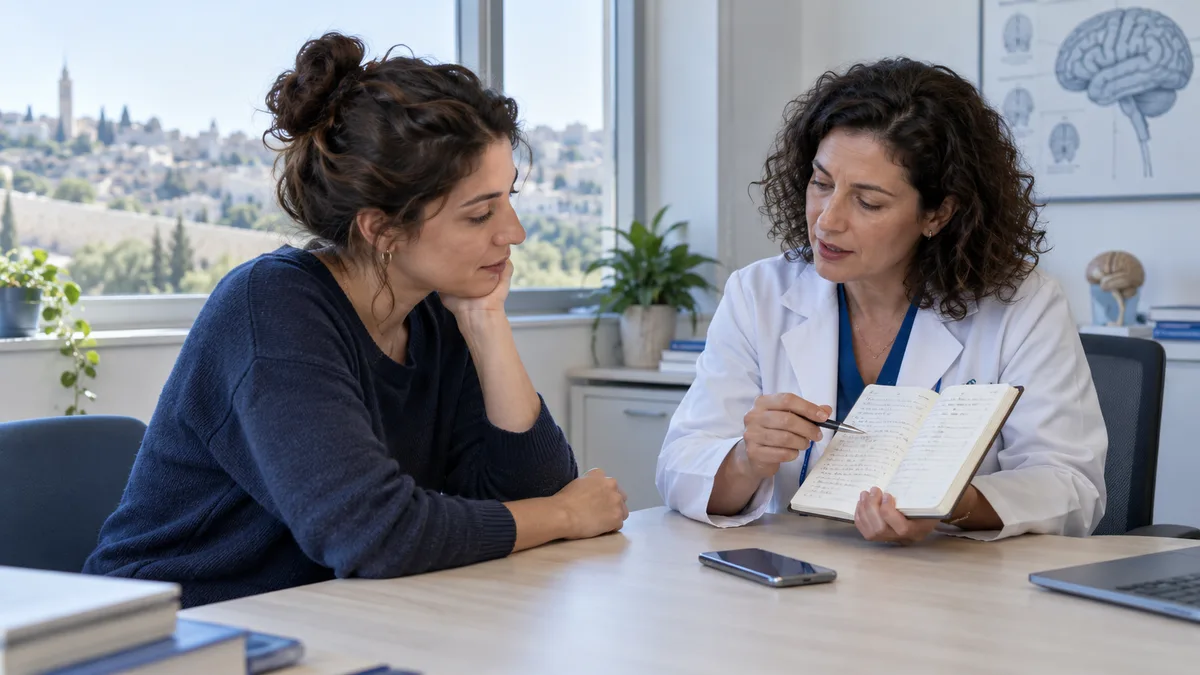 Fictional patient and clinician discussing a headache diary