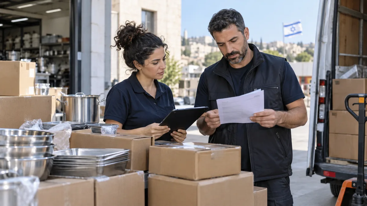 Fictional wholesale-business operators checking purchased goods and an invoice