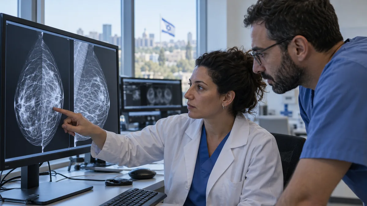 Fictional radiology professionals reviewing illustrative breast images