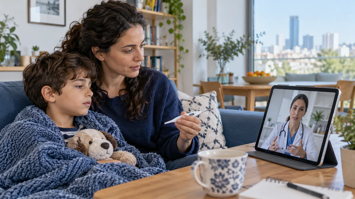 Fictional family speaking to a clinician by video with a basic thermometer