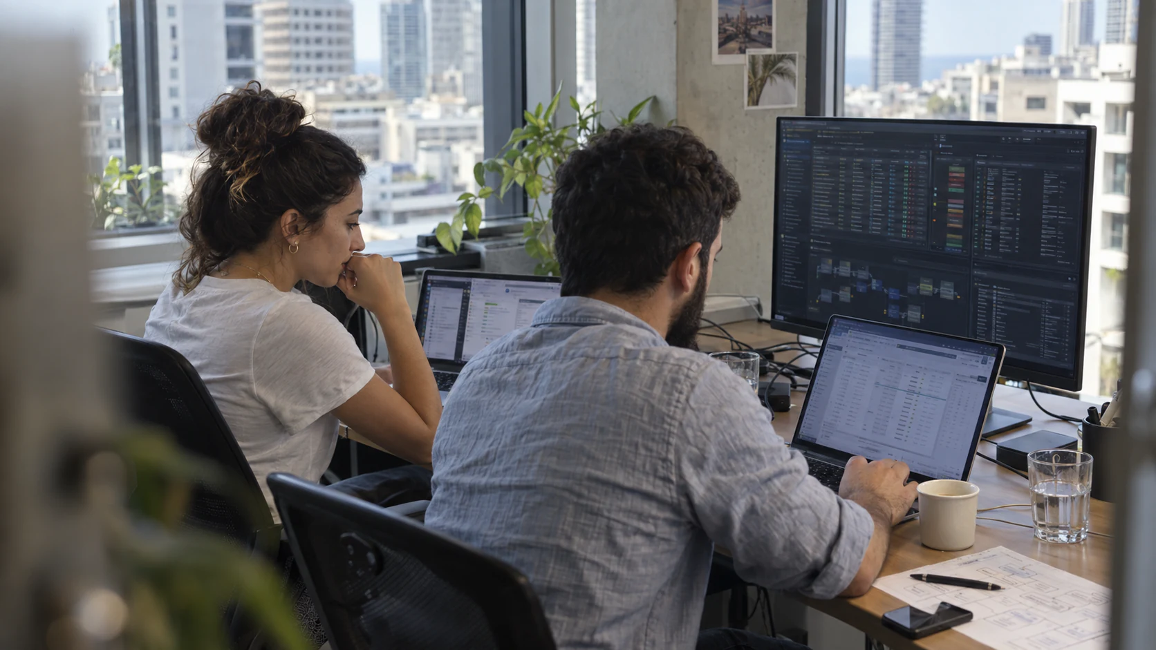 Two product specialists compare a process map with an active financial workflow dashboard