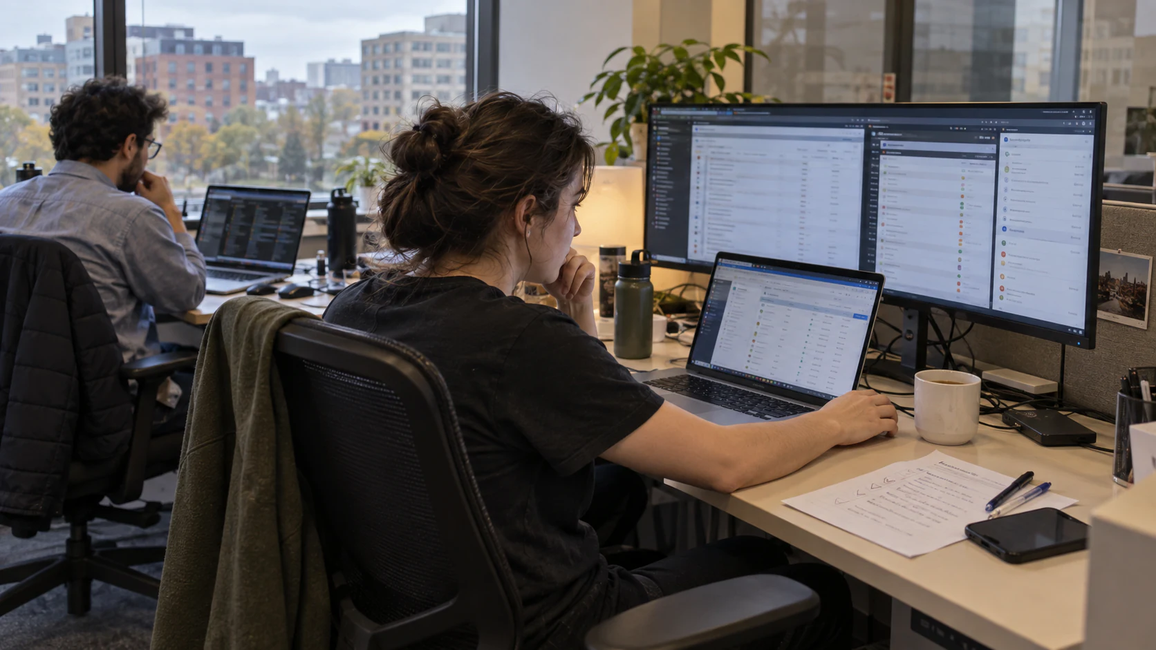 Compliance specialists review controls and an audit trail on an active governance dashboard