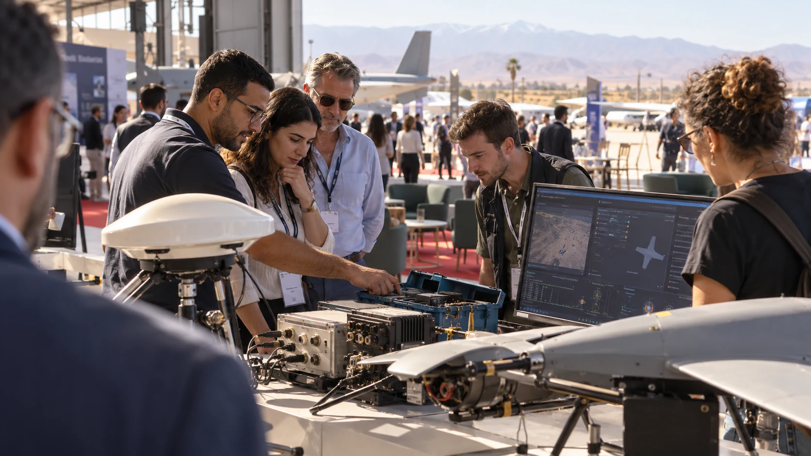 Visitors examine unbranded aerospace navigation and communications components at a Marrakech exhibition