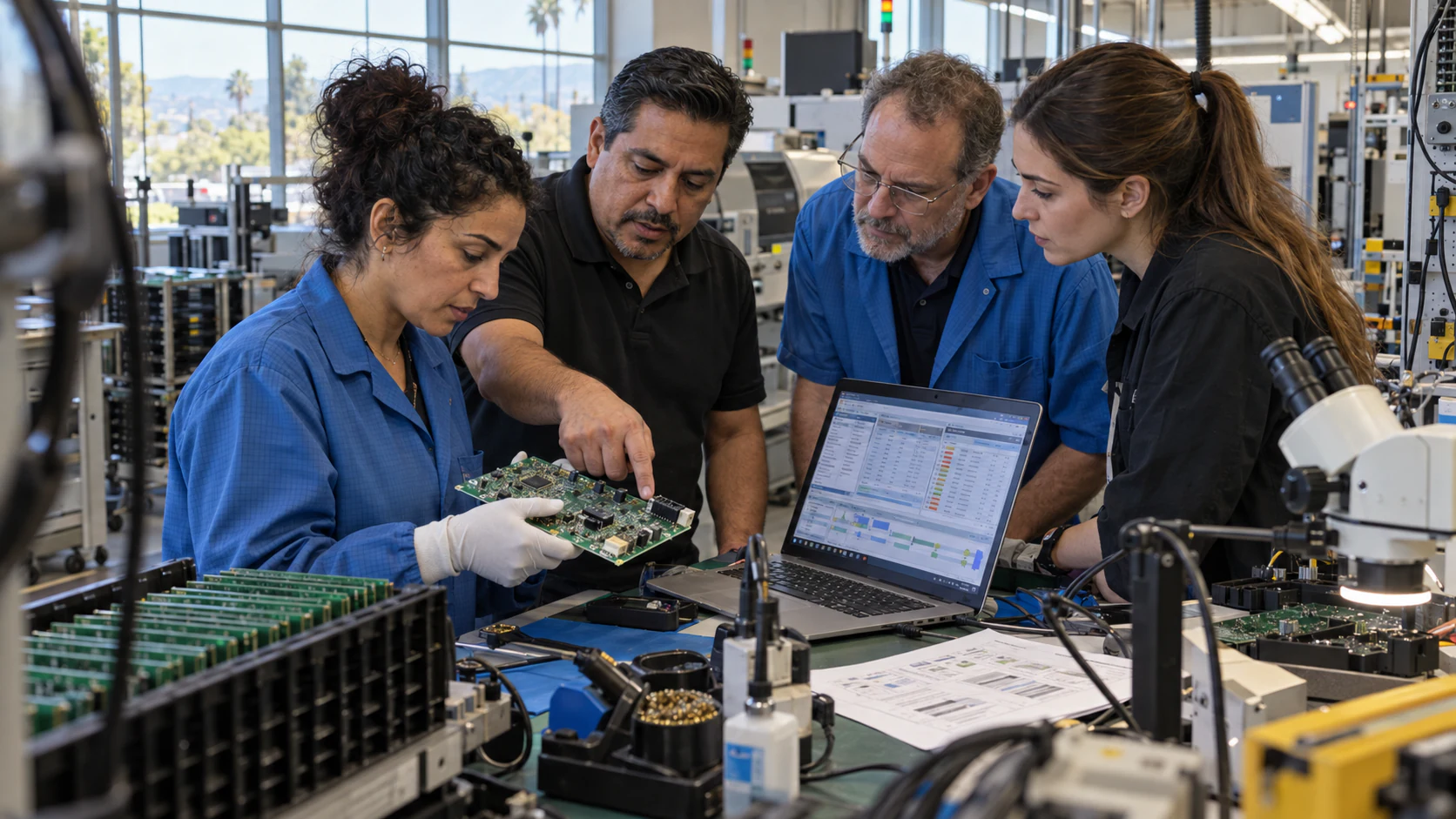 Engineers review a populated circuit board and a manufacturing workflow in a California production cell