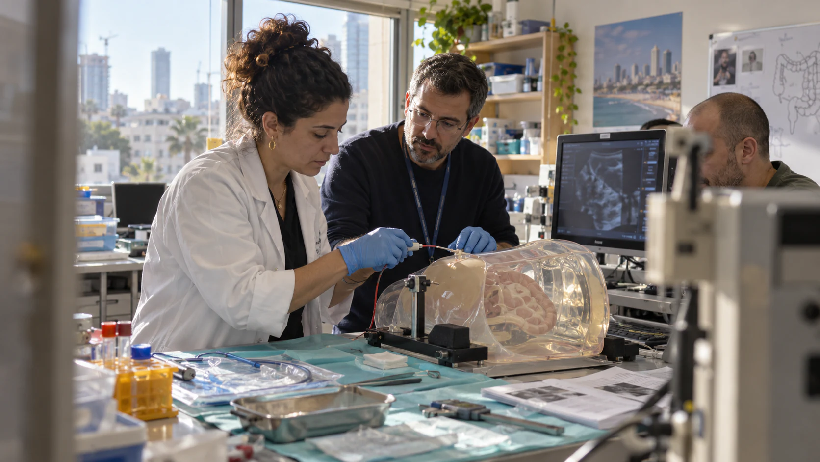 A medical-device team evaluates a catheter and stent concept using an anatomical training model