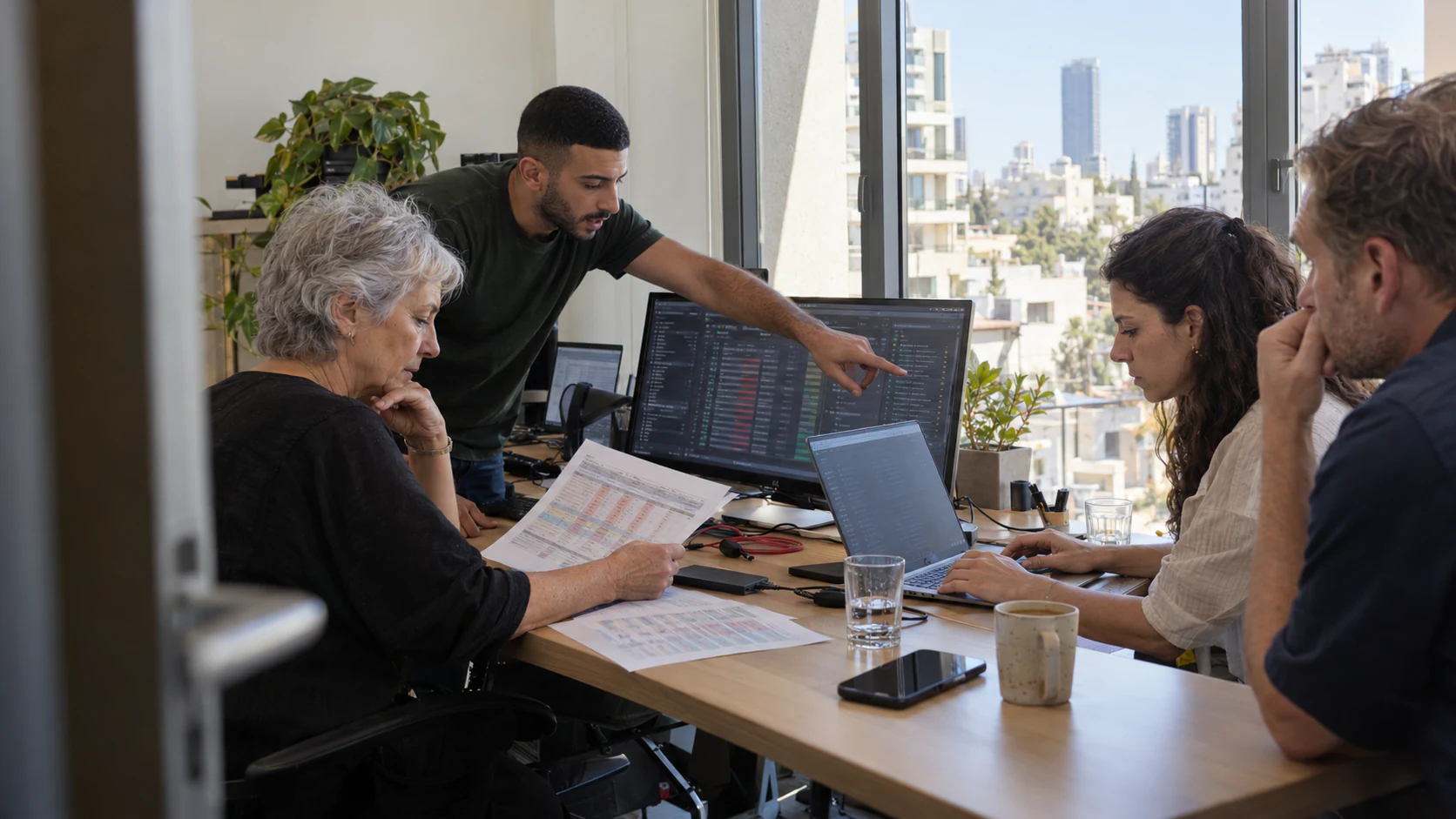 A Tel Aviv engineering team reviews dense runtime action queues and audit controls for AI agents